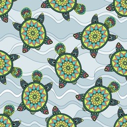seamless pattern with green turtles in the sea waves. can be used for wallpaper, pattern fills, web page background,surface textures. vector.