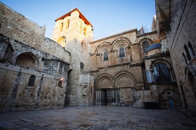 view on main entrance in at the church of the holy sepulchre in old city of jerusalem