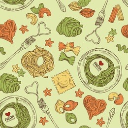 seamless with different types of pasta, plate with pasta and fork with pasta. hand drawn