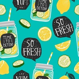 hand drawn seamless pattern with lemon, lemon slice, jar with detox water, cucumber, speech bubbles with handwritten lettering