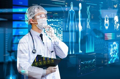 doctor looking futuristic health care screen