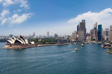 sydney harbour and downtown panoramic view from bridge
