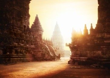 amazing sunrise at prambanan temple. great hindu architecture in yogyakarta. java island, indonesia