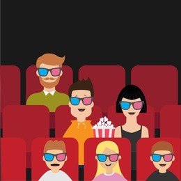 people sitting in movie theater eating popcorn. love couple, kids, man, children. film show cinema background. viewers watching movie in 3d glasses. red seats hall. flat design vector illustration