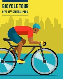 cyclist riding on bicycle, vector infographics, poster, icon set