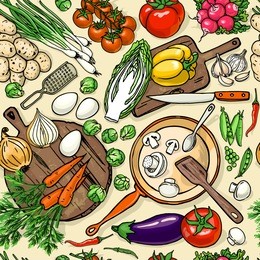 vegetarian food recipes seamless pattern with vegetables and kitchenware. colorful top view cooking items background. 