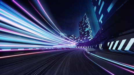 grand city race track with colorful flare. city transportation and technology 3d illustration