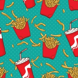 french fries and soft drinks seamless pattern