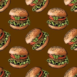 seamless pattern with image of a burger on brown background. vector illustration.