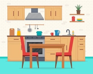 kitchen with furniture set. cozy room interior with table, stove, cupboard and dishes. flat style vector illustration.
