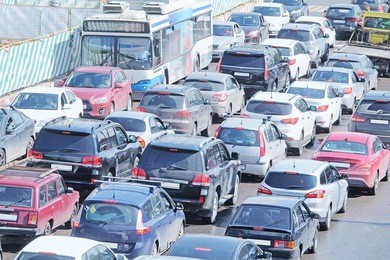 cars stand in traffic jam in the center of moscow, russia