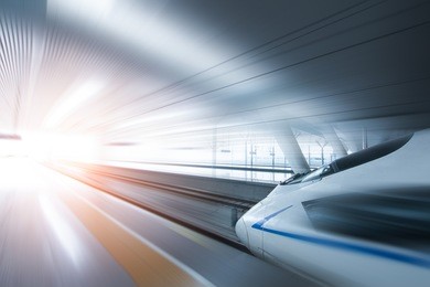 super streamlined high speed train station tunnel with motion light effect background realistic poster print vector illustration