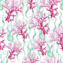 watercolor seamless sea coral pattern. background for web pages, wedding invitations, save the date cards. watercolor sea pattern. watercolor pink coral and weeds