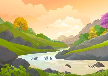 a streaming river flowing downhill in the evening