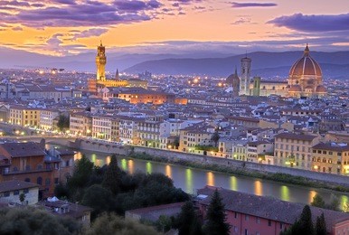 beautiful sunset over river arno in florence, italy, hdr
