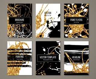brochure template design set with pastel strokes and gold acrylic paint drips. vector illustration. grunge vintage golden cards, retro style poster or flyer. 