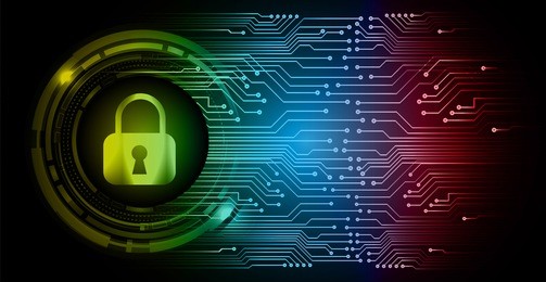 safety concept: closed padlock on digital background, yellow red blue abstract light hi speed internet technology. cyber security concept. cyber background. cyber data digital technology.