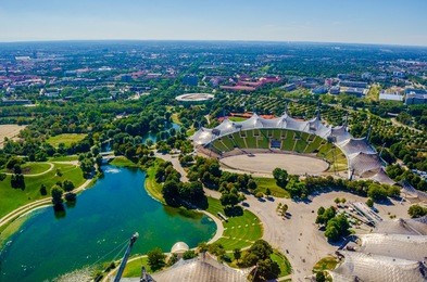 aerial view of olympiapark in german city munich which hosted olympic games at 1972.