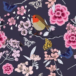 cherry blossom seamless pattern, with butterflies and bird on the blue background