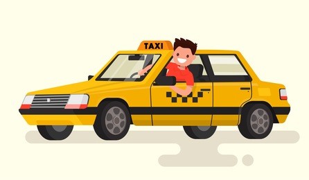 friendly taxi driver at the wheel of the car. vector illustration of a flat design