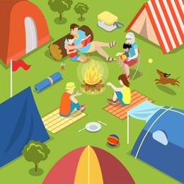 isometric outdoor camping bonfire picnic family lifestyle time spending concept. flat 3d isometry parents children tent fire place dog daughter son father mother. creative people collection.