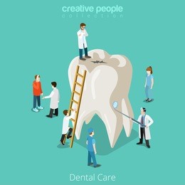 dental care micro dentist patient people and huge tooth healthcare concept. flat 3d isometric isometry vector web site illustration. creative people collection.