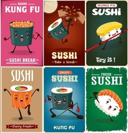 vintage kung fu sushi poster design with vector sushi character. chinese word means sushi.