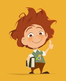 vector character illustration of smart cute kid with book thumbs finger up
