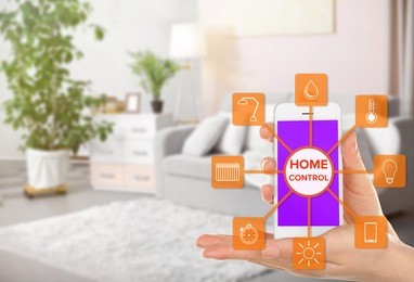 using smart home app on phone. smart home control concept.