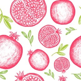 pomegranate with seeds and leaves seamless pattern. hand drawn illustration with engraving style fruit images on white background. design for kitchen textile, background, paper.