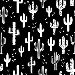 fun western cactus seamless repeat wallpaper tile - black & white monochromatic