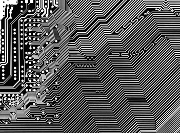 abstract black and white printed closeup electronic circuit board background, 