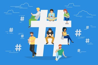 hashtag concept illustration of young people using mobile tablet and smartphone for sending posts and sharing them in social media. flat vector hashtag big symbol with guys and women follow the trend