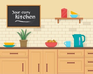 kitchen with furniture set. cozy kitchen interior with table, cupboard and dishes. flat style vector illustration.