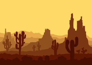 stone desert. landscape with sunset in stone desert with cactuses and mountains. vector illustration. 