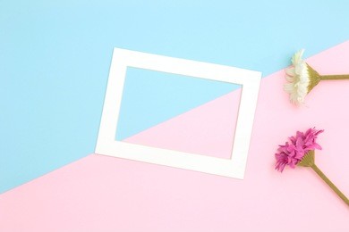 empty frame and flowers flat lay on blue and pink pastel background with copy space. soft effect filter. minimal concept.