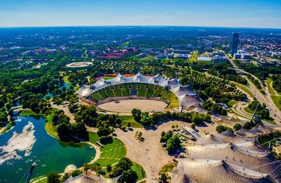 aerial view of olympiapark in german city munich which hosted olympic games at 1972.