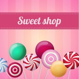 vector pattern with candies. sweets sample store advertising. candy shop , pink background with stripes