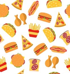 illustration seamless pattern with set fast food flat icons. sandwiches, hot dogs, hamburgers, slices of pizza, taco, chicken legs, french fries - raster