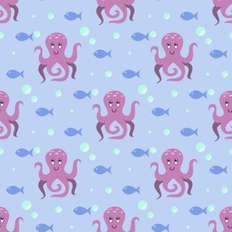 funny octopus, seamless vector illustration with octopus, fish, bubbles, underwater life