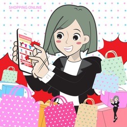 lady cartoon shopping online with paper bag (vector eps10) illustration