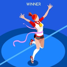 finish line running woman athletic sportswoman games icon. win concept 3d isometric winning runner athlete. sport athletic sporting competition.sport infographic track field events vector people set