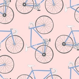decorative seamless pattern with racing bikes. endless trendy ornament with hand drawn bicycles. stylish backdrop with blue cycles on pink background. for fabric design, wallpaper, wrapping