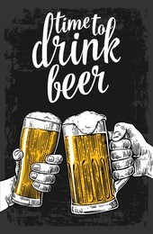 two hands holding and clinking with beer glasses mug. vintage vector engraving illustration for web, poster, invitation to party oktoberfest festival. isolated on dark background.