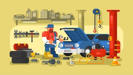 mechanic repairs car in the garage