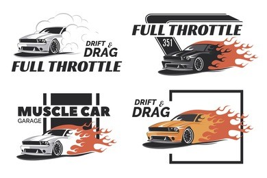 set of muscle car logo, badges and emblems isolated on white background. service car repair, restoration and club elements. t-shirt design.