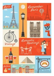 france paris vintage style icons set with louvre streetlight perfume croissant actor eiffel tower isolated vector illustration
