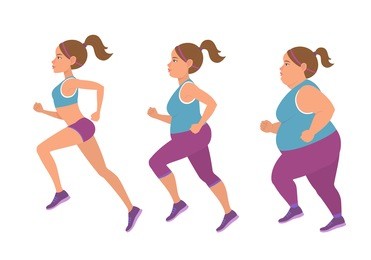 vector illustration of fat woman jogging to slim shape. three kinds of female body type.