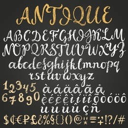 chalk script latin alphabet containing uppercase, lowercase letters, numbers, special symbols, money signs and some diacritics.