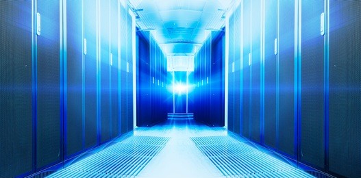 symmetrical futuristic modern server room in the data center with a bright light